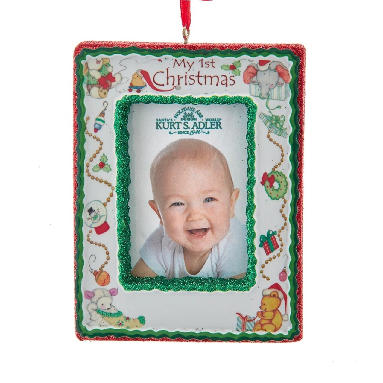 KSA Pack of 12 Green and Red Photo Frame "My 1st Christmas" Ornaments 4.25"